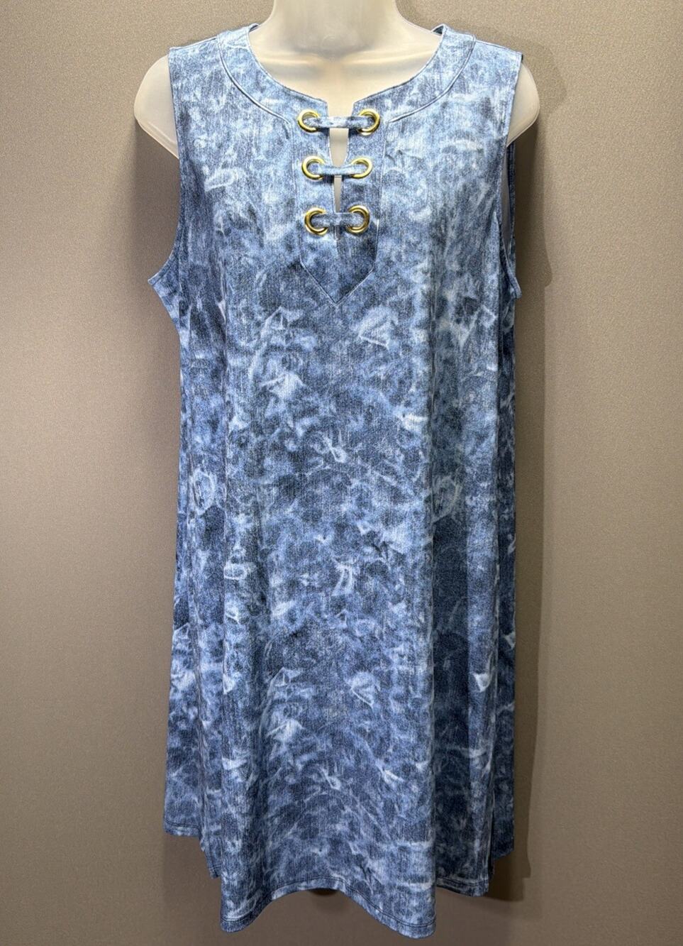 Michael Michael Kors Blue Acid Wash Grommet Keyhole Shift Dress Large Sleeveless
